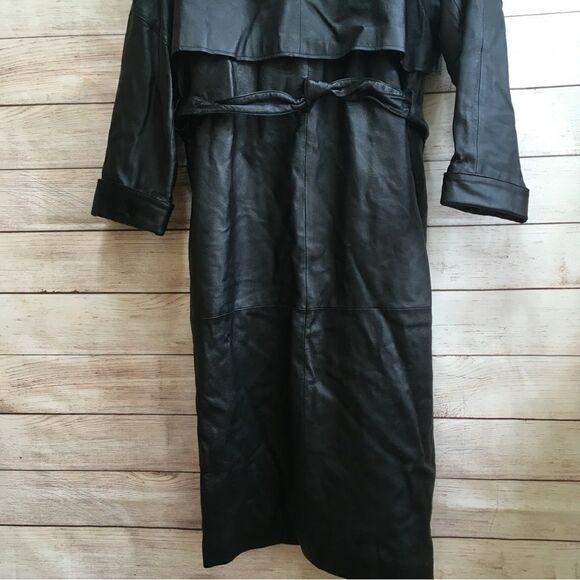 VINTAGE LIZ BAKER ESSENTIALS BLACK LEATHER FULL LENGTH TRENCH COAT - Picture 10 of 12